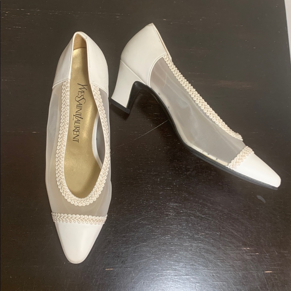 Yves Saint Laurent White Cream Mesh Kitten Pointy Toe Heel Shoes Sz. 36